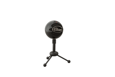 Logitech Blue Snowball USB microphone on a tripod stand for studio quality audio recording.